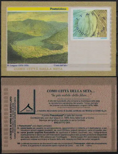 2001 Italia Francobusta silk made beige reverse side Unificato n. 1