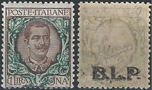 1922-23 Italia VE III Lire 1 BLP on the back MNH Sassone n. 12d