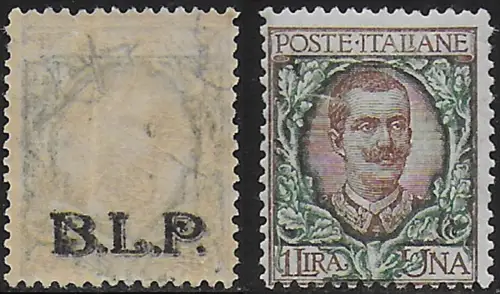 1922-23 Italia VE III Lire 1 optd BLP on the back gal MNH Sassone n. 12d