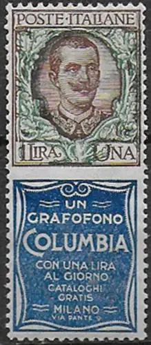 1924 Italia Pubblicitari Lire 1 COLUMBIA sup MNH Sassone n. 19