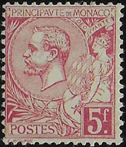 1891 Monaco Albert I 5Fr. carmine on greenish 1v. MH Unificato n. 21