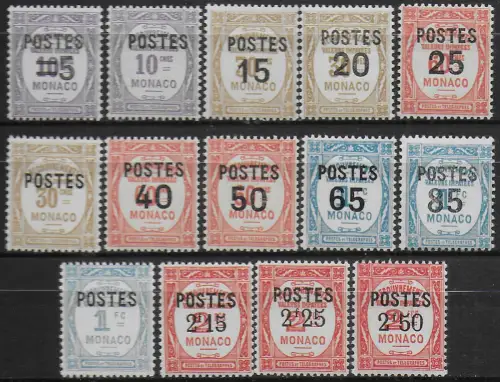 1937-38 Monaco postage due stamps optd new value 14v. MNH Unificato n. 140/52A