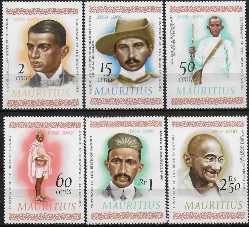 1969 Mauritius Mahatma Gandhi 6v. MNH SG n. 400-05