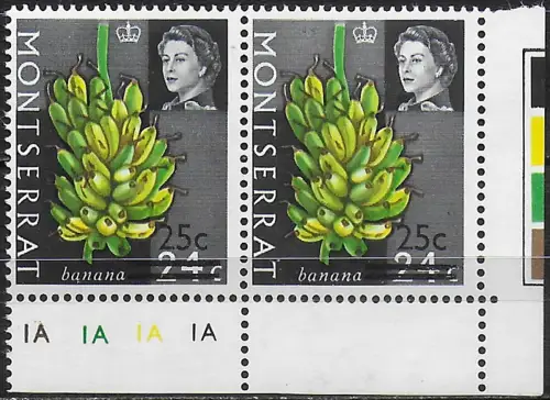 1968 Montserrat 25c. on 24c. pair variety MNH SG n. 195/195a