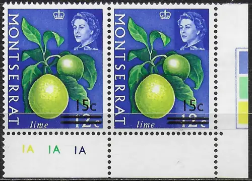 1968 Montserrat 15c. on 12c. pair variety MNH SG n. 194/194a