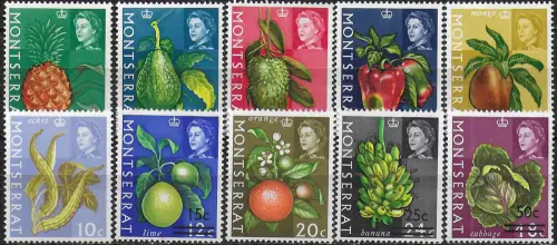 1969-70 Montserrat Fruit or vegetables wmk sydevais 10v. MNH SG n. 213-22