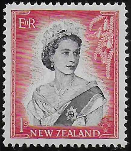 1958 New Zealand 1s. black carmine-red Die II MNH SG n. 732b