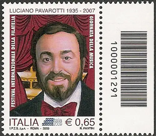 2009 Italia Pavarotti barcode MNH Unificato n. 3188cb