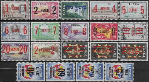 1968 Tonga various stamps surch 19v. MNH SG n. 228-42+O22-O25
