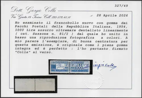 1954 Italia parcel post stamps Lire 1.000 Cavallino dc ces MNH Sassone n. 81/I