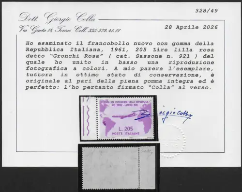 1961 Italia Lire 205 Gronchi rosa MNH Sassone n. 921