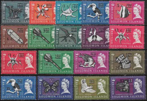 1966-67 British Solomon Islands new currency 18v. MNH SG n. 135B-52B