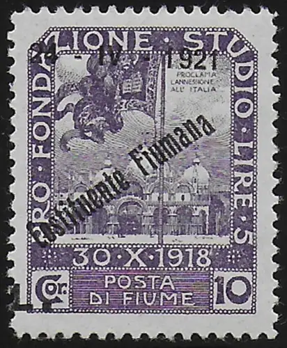 1921 Fiume Lire 10 dark purple variety MNH Sassone n. 175nd