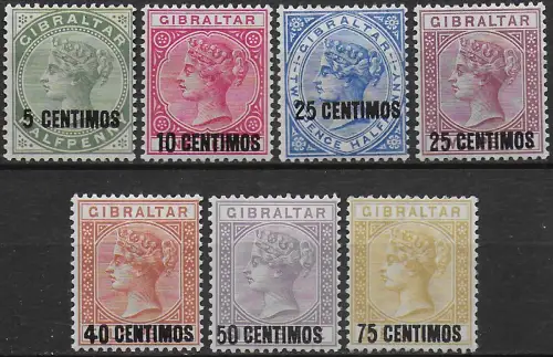 1889 Gibraltar Victoria overprinted 7v. MH SG n. 15-21