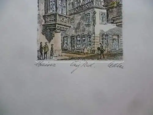 Mainz Gymnasium Erker Orig. Radierung koloriert Richard Adler