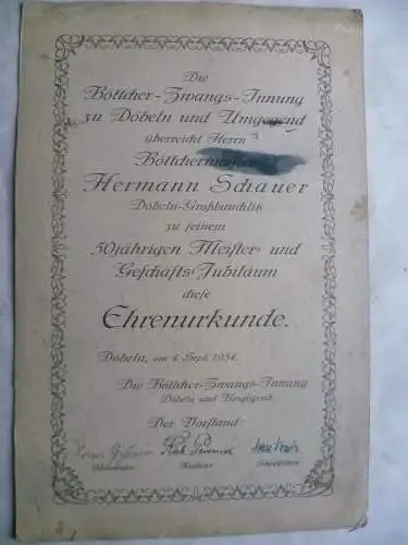 Böttcher-Zwangs-Innung Döbeln Ehrenurkunde zum 50j. Meisterjubiläum 1934