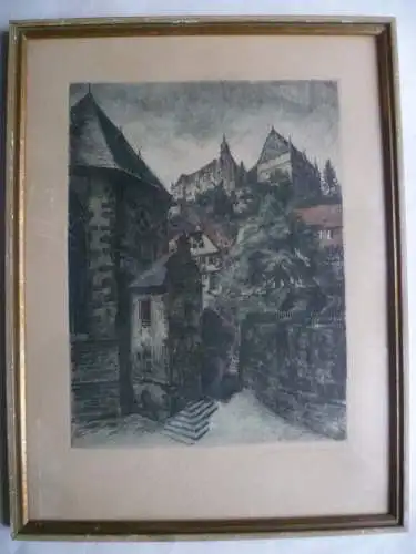 Marburg Altstadtgasse Farbradierung Carl Mang um 1930