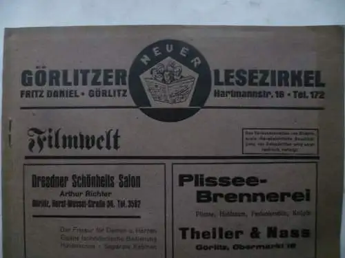 Görlitzer Lesezirkel Firmenwerbung Inhalt Filmwelt Nr. 9/1936