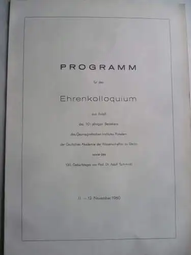 Programm Ehrenkolloquium 70 Jahre Geomagnetisches Institut Potsdam 1960