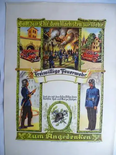 Große farbige Urkunde Freiw. Feuerwehr blanco um 1930