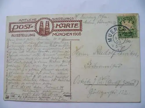 AK München Ausstellung 1908 Amtliche Postkarte sign. Bruckner