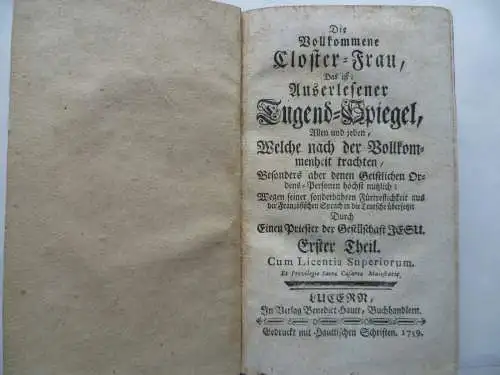 Uraltes Buch Die vollkommene Closter-Frau 1759