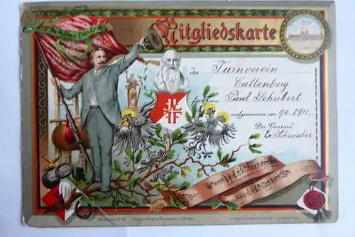 Prächtige lith. Mitgliedskarte Turnverein Callenberg Erzgebirge