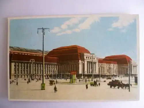 Farb-AK Leipzig Hauptbahnhof mit SSt Messe 1946