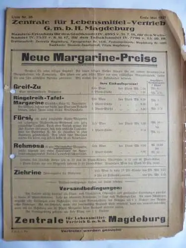 Margarine-Preisliste 1921 Magdeburg Zentrale für Lebensmittel-Vertrieb