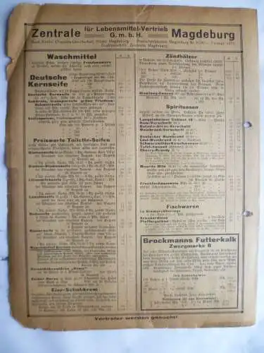 Margarine-Preisliste 1921 Magdeburg Zentrale für Lebensmittel-Vertrieb