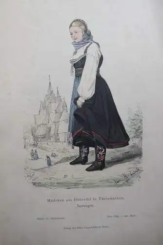Mädchen aus Hitterdal in Thelemarken Norwegen Farbholzstich um 1880