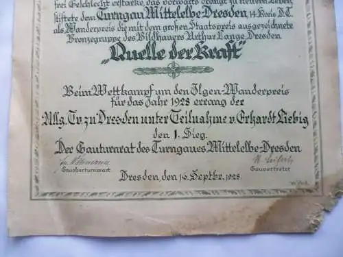 Urkunde Ilgen-Wanderpreis Dresden Allg. Turnverein Dresden 1928