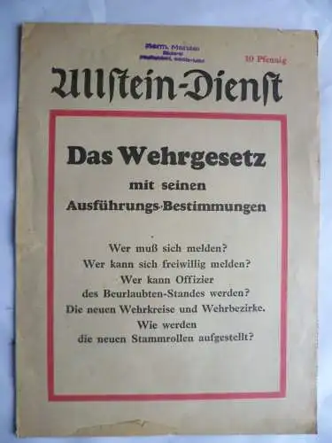 Ullstein-Dienst Das Wehrgesetz mit seinen Ausführungs-Bestimmungen 1935