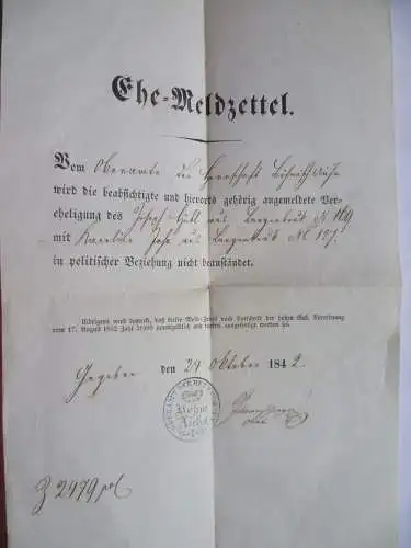 Ehe-Meldzettel Oberamt Herrschaft Böhmisch-Aicha 1842