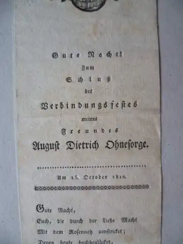 Einblattdruck Gedicht Trauung August Dietrich Ohnesorge 1810 Cottbus?