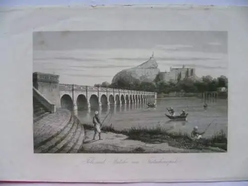Orig.Stahlstich um 1850  Indien Fels und Brücke von Tritschinopoli
