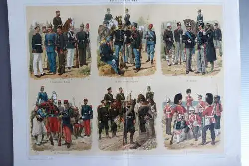 5 Chromolithos Uniformen um 1875 