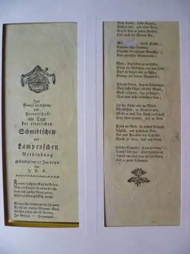 Einblattdruck Gedicht Trauung Schmidt Lampe 1792 Cottbus