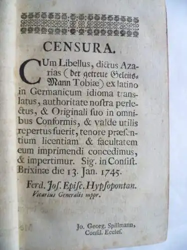 Andachtsbuch Hutschenreiter, Azarias der getreue Begleitsmann, Regensburg 1753