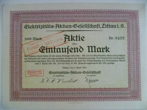 Aktie Elektrizitäts-Aktien-Gesellschaft Zittau 1000M vom 7.4.1923