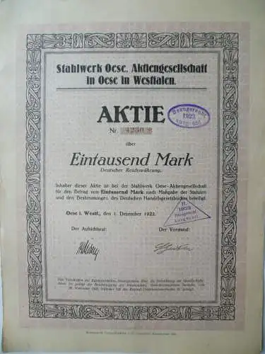 Aktie Stahlwerk Oese Westfalen 1000M 1.12.1922