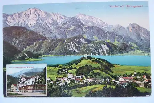 AK Kochel mit Herzogenstand Bahnhof-Restauration