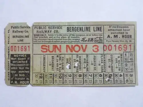 Ticket Public Railway New York 1907 Sun Nov 3 Bergenline