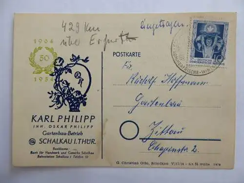 Postkarte Gartenbau-Betrieb Karl Philipp Schalkau Thüringen 1955