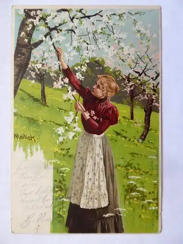 Künstler-AK Frau mit Kirschblüten Alfred Mailick