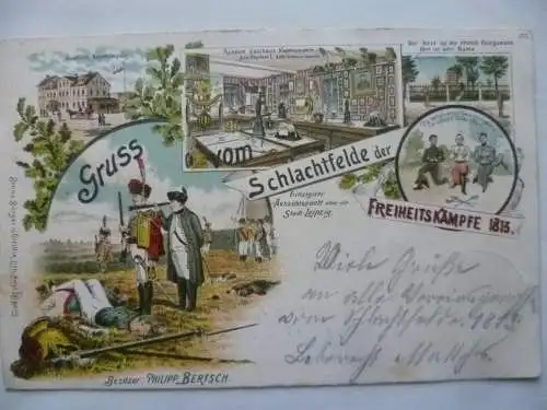 Litho-AK Leipzig Gasthaus Napoleonstein Gruss vom Schlachfeld 1813