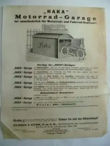 Werbeblatt HAKA Motorrad-Garage 1924