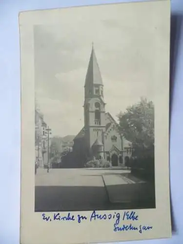 Foto-AK Aussig Evangelische Kirche mit Gemeindesiegel