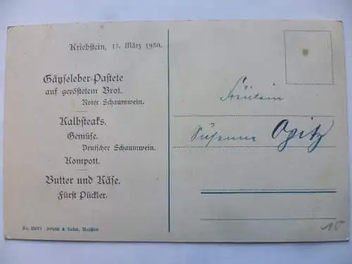 AK Kriebethal Schweizerhaus mit eingedruckter Menüfolge 1930