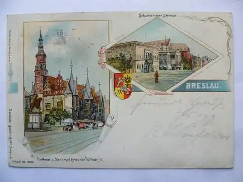 Litho-AK Breslau Rathaus u. Denkmal / Schweidnitzer Straße